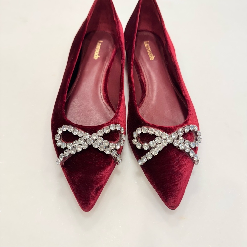 Larroude Lee pointed toe velvet Crystal bow Ballet flats in wine 7.5 NEW - Picture 3 of 12